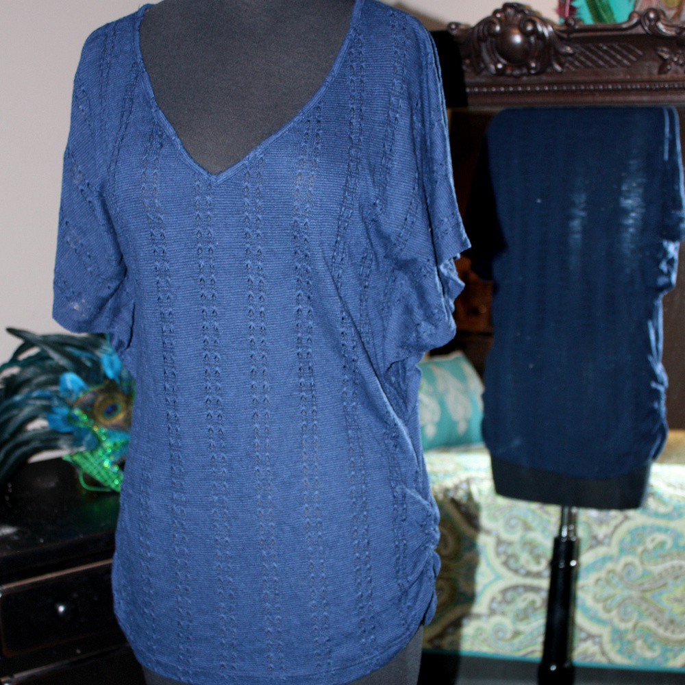 Blue top_thin crochet_ ruched sides  XL LoveJ